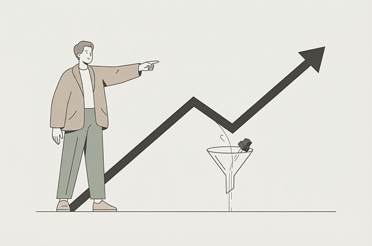Illustration of a person pointing to an upward trend and a recovery opportunity.