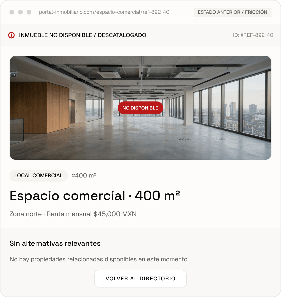 Ficha de un espacio comercial no disponible y sin alternativas relevantes.